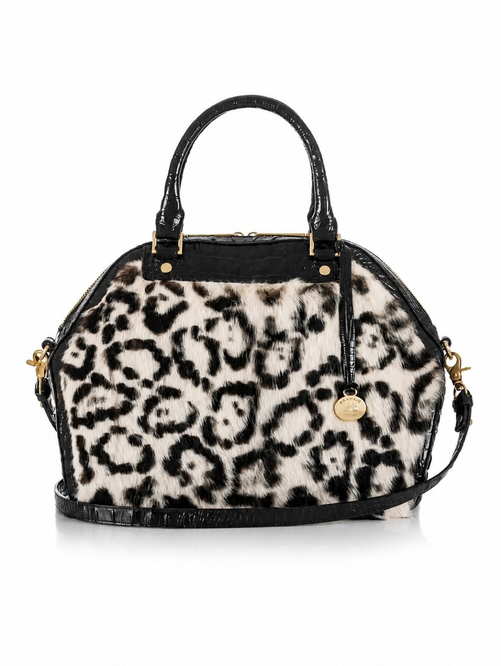 ๐๏ธ Brahmin Hudson Leather Top Handle Satchel in Creme Muse Leopard Rabbit Fur